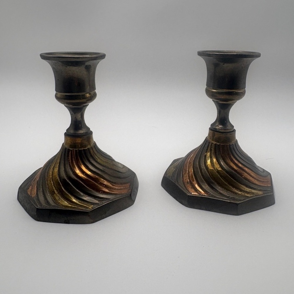 Vtg Brass Candlestick Pair Copper Gold Swirl Hexagon Base Dark Academia Gothic
